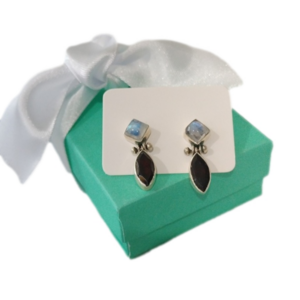 Sterling Silver Moonstone + Garnet Post Earrings